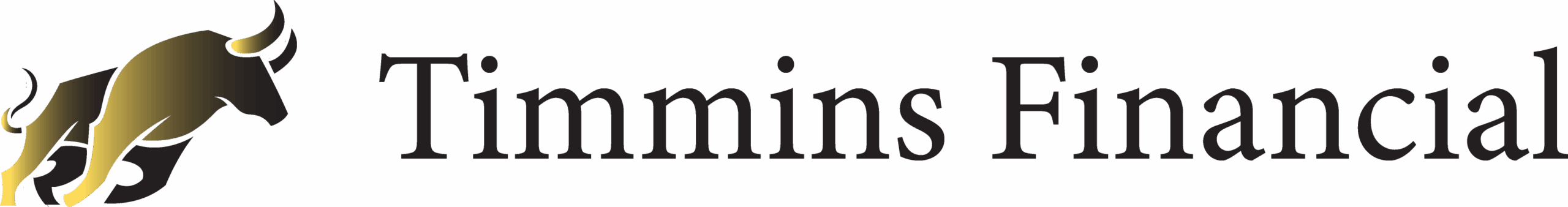 Timmins Financial Logo with a stylized gold and black bull on the left and the text "Timmins Financial" in bold black serif font on the right, embodying the strength and stability of Timmins Financial.